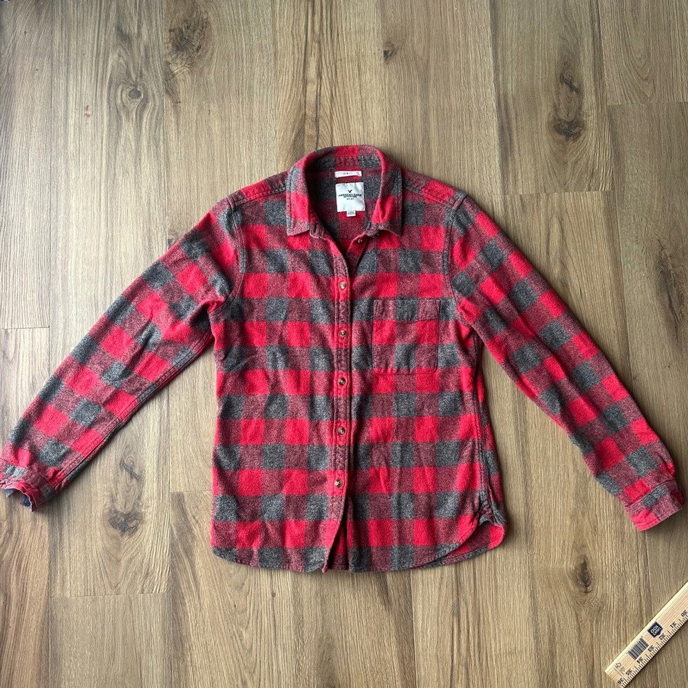 American Eagle Red Grey Buffalo Plaid Flannel Shirt Slim Fit Large Cotton